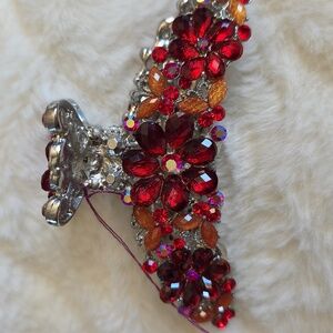 Elegant Red Rhinestone Floral Hair Clip